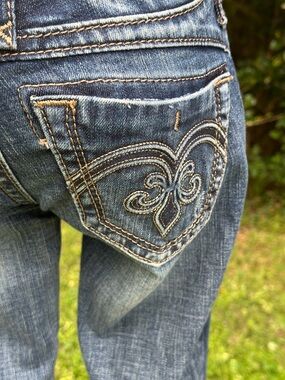 Rock Revival Women's Boot Cut Jeans - Dark Blue Denim with Tan Stitching 25